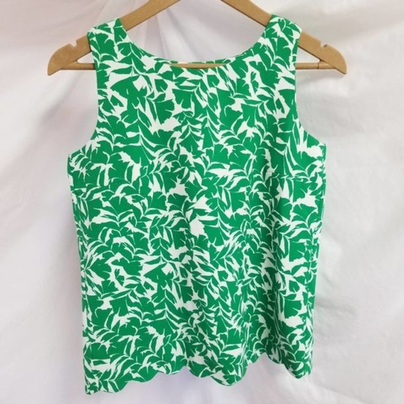 J. Crew Green  White Leaf Pattern Scallop Hem   Lined Drape Split Back Top XXS - Picture 1 of 9